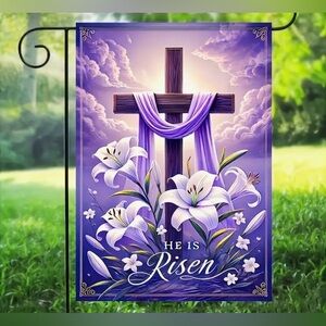 New Purple and White He is risen Garden Flag